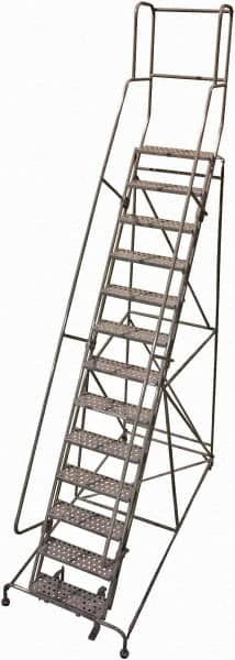 Cotterman - 172" 13 Step Rolling Warehouse Ladder - Rolling Safety Ladder, 450 Lb Capacity, 130" Platform Height, 42" Base Width x 95" Base Depth, Perforated Tread - Benchmark Tooling