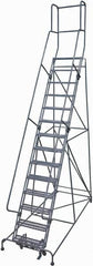 Cotterman - 182" 14 Step Rolling Warehouse Ladder - Rolling Safety Ladder, 450 Lb Capacity, 140" Platform Height, 42" Base Width x 101" Base Depth, Expanded Metal Tread - Benchmark Tooling