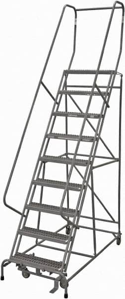 Cotterman - 120" 9 Step Rolling Warehouse Ladder - Rolling Safety Ladder, 450 Lb Capacity, 90" Platform Height, 32" Base Width x 67" Base Depth, Serrated Steel - Benchmark Tooling