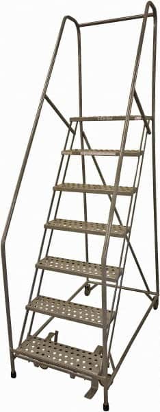 Cotterman - 100" 7 Step Rolling Warehouse Ladder - Rolling Safety Ladder, 450 Lb Capacity, 70" Platform Height, 24" Base Width x 63" Base Depth, Perforated Tread - Benchmark Tooling