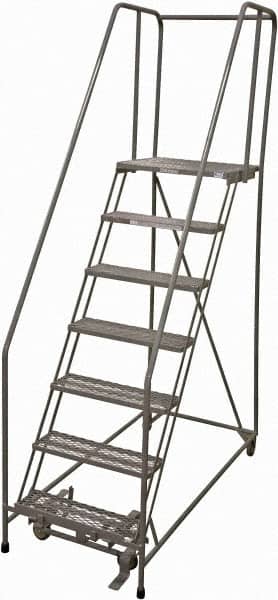 Cotterman - 100" 7 Step Rolling Warehouse Ladder - Rolling Safety Ladder, 450 Lb Capacity, 70" Platform Height, 30" Base Width x 63" Base Depth, Serrated Steel - Benchmark Tooling