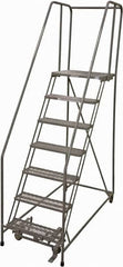 Cotterman - 100" 7 Step Rolling Warehouse Ladder - Rolling Safety Ladder, 450 Lb Capacity, 70" Platform Height, 30" Base Width x 63" Base Depth, Serrated Steel - Benchmark Tooling