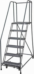 Cotterman - 90" 6 Step Rolling Warehouse Ladder - Rolling Safety Ladder, 450 Lb Capacity, 60" Platform Height, 30" Base Width x 56" Base Depth, Serrated Steel - Benchmark Tooling