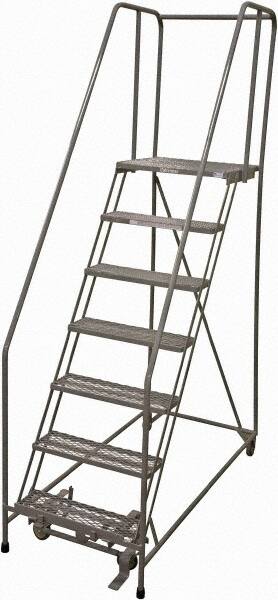 Cotterman - 100" 7 Step Rolling Warehouse Ladder - Rolling Safety Ladder, 450 Lb Capacity, 70" Platform Height, 30" Base Width x 63" Base Depth, Expanded Metal Tread - Benchmark Tooling