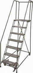 Cotterman - 100" 7 Step Rolling Warehouse Ladder - Rolling Safety Ladder, 450 Lb Capacity, 70" Platform Height, 30" Base Width x 63" Base Depth, Expanded Metal Tread - Benchmark Tooling