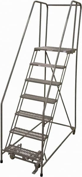 Cotterman - 100" 7 Step Rolling Warehouse Ladder - Rolling Safety Ladder, 450 Lb Capacity, 70" Platform Height, 24" Base Width x 63" Base Depth, Expanded Metal Tread - Benchmark Tooling