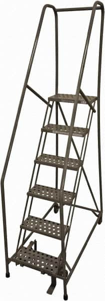 Cotterman - 90" 6 Step Rolling Warehouse Ladder - Rolling Safety Ladder, 450 Lb Capacity, 60" Platform Height, 24" Base Width x 46" Base Depth, Serrated Steel - Benchmark Tooling