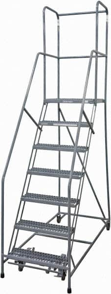 Cotterman - 100" 7 Step Rolling Warehouse Ladder - Rolling Safety Ladder, 450 Lb Capacity, 70" Platform Height, 30" Base Width x 53" Base Depth, Serrated Steel - Benchmark Tooling