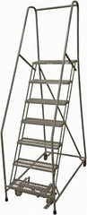 Cotterman - 100" 7 Step Rolling Warehouse Ladder - Rolling Safety Ladder, 450 Lb Capacity, 70" Platform Height, 24" Base Width x 53" Base Depth, Serrated Steel - Benchmark Tooling