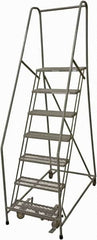 Cotterman - 100" 7 Step Rolling Warehouse Ladder - Rolling Safety Ladder, 450 Lb Capacity, 70" Platform Height, 30" Base Width x 53" Base Depth, Expanded Metal Tread - Benchmark Tooling