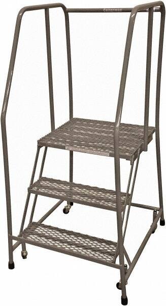 Cotterman - 60" 3 Step Rolling Warehouse Ladder - Rolling Safety Ladder, 450 Lb Capacity, 30" Platform Height, 20" Base Width x 36" Base Depth, Expanded Metal Tread - Benchmark Tooling