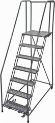 Cotterman - 100" 7 Step Rolling Warehouse Ladder - Rolling Safety Ladder, 450 Lb Capacity, 70" Platform Height, 30" Base Width x 63" Base Depth, Perforated Tread - Benchmark Tooling