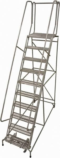 Cotterman - 130" 10 Step Rolling Warehouse Ladder - Rolling Safety Ladder, 450 Lb Capacity, 100" Platform Height, 32" Base Width x 84" Base Depth, Expanded Metal Tread - Benchmark Tooling