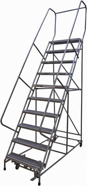 Cotterman - 130" 10 Step Rolling Warehouse Ladder - Rolling Safety Ladder, 450 Lb Capacity, 100" Platform Height, 32" Base Width x 74" Base Depth, Serrated Steel - Benchmark Tooling