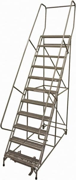 Cotterman - 140" 11 Step Rolling Warehouse Ladder - Rolling Safety Ladder, 450 Lb Capacity, 110" Platform Height, 32" Base Width x 78" Base Depth, Serrated Steel - Benchmark Tooling