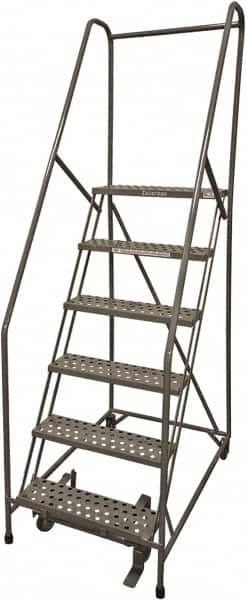 Cotterman - 90" 6 Step Rolling Warehouse Ladder - Rolling Safety Ladder, 450 Lb Capacity, 60" Platform Height, 30" Base Width x 46" Base Depth, Perforated Tread - Benchmark Tooling