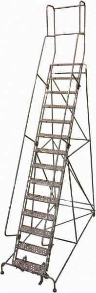 Cotterman - 182" 14 Step Rolling Warehouse Ladder - Rolling Safety Ladder, 450 Lb Capacity, 140" Platform Height, 42" Base Width x 111" Base Depth, Perforated Tread - Benchmark Tooling