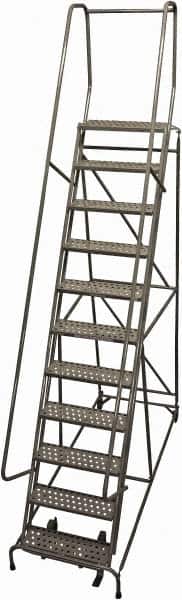 Cotterman - 140" 11 Step Rolling Warehouse Ladder - Rolling Safety Ladder, 450 Lb Capacity, 110" Platform Height, 32" Base Width x 88" Base Depth, Perforated Tread - Benchmark Tooling