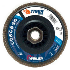 5″ Tiger Disc Abrasive Flap Disc, Angled, Trimmable Backing, 80Z, 5/8″-11 UNC Nut - Benchmark Tooling