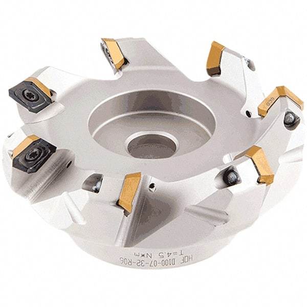 Iscar - 109.4, 110.7, 112.1mm Cut Diam, 32mm Arbor Hole, 5.5mm Max Depth of Cut, 42° Indexable Chamfer & Angle Face Mill - 7 Inserts, OE.. 060405\xB6OEMW 060405-AETN\xB6REMT 1505-LM-76 Insert, Right Hand Cut, 7 Flutes, Through Coolant, Series Heliocto - Benchmark Tooling