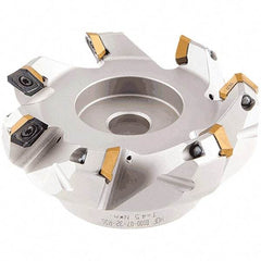 Iscar - 59.4, 60.7, 62.1mm Cut Diam, 22mm Arbor Hole, 2.5mm Max Depth of Cut, 42° Indexable Chamfer & Angle Face Mill - 4 Inserts, OE.. 060405\xB6OEMW 060405-AETN\xB6REMT 1505-LM-76 Insert, Right Hand Cut, 4 Flutes, Through Coolant, Series Heliocto - Benchmark Tooling