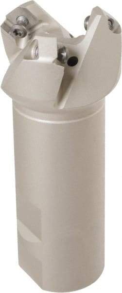 Iscar - 42° Lead Angle, 1.62" Max Cut Diam, 1-1/4" Min Cut Diam, 0.1" Max Depth of Cut, Indexable Chamfer and Angle End Mill - 3 Inserts, 4" Overall Length, Through Coolant, Weldon Flat - Benchmark Tooling