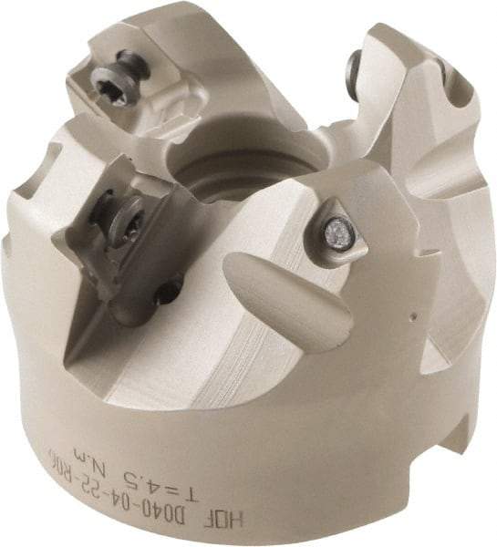 Iscar - 49.4, 50.7, 52.1mm Cut Diam, 22mm Arbor Hole, 8mm Max Depth of Cut, 42° Indexable Chamfer & Angle Face Mill - 4 Inserts, OE.. 060405\xB6OEMW 060405-AETN\xB6REMT 1505-LM-76 Insert, Right Hand Cut, 4 Flutes, Through Coolant, Series Heliocto - Benchmark Tooling