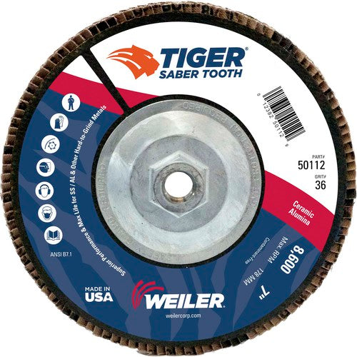 7″ Saber Tooth Ceramic Abrasive Flap Disc, Angled, Phenolic Backing, 36C, 5/8″-11 UNC Nut - Benchmark Tooling