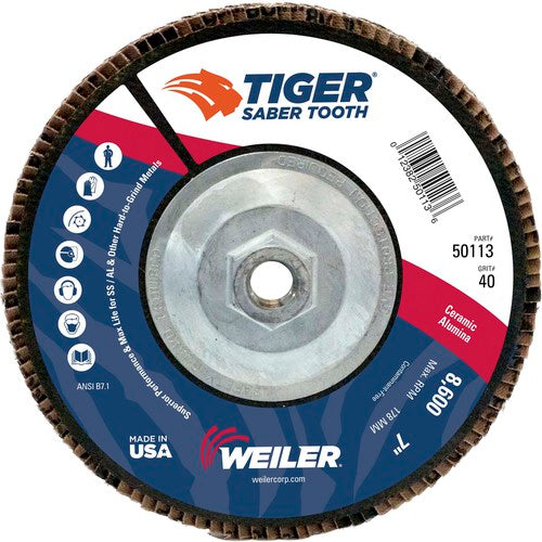 7″ Saber Tooth Ceramic Abrasive Flap Disc, Angled, Phenolic Backing, 40C, 5/8″-11 UNC Nut - Benchmark Tooling