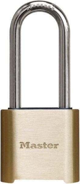 Master Lock - 2" Body Width x 3" Body Height, 2" Shackle Clearance, Brass Finish Combination Lock - 5/16" Shackle Diam, 1" Shackle Width, Set Your Own 4 Digit Combination - Benchmark Tooling