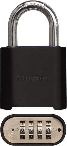 Master Lock - 2" Body Width x 3" Body Height, 1" Shackle Clearance, Powder Coating Combination Lock - 5/16" Shackle Diam, 1" Shackle Width, Set Your Own 4 Digit Combination - Benchmark Tooling