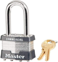 Master Lock - 1-1/2" Shackle Clearance, Keyed Alike Laminated Steel Padlock - 5/16" Shackle Diam, Steel - Benchmark Tooling