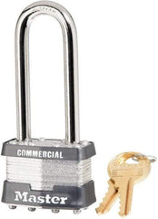 Master Lock - 2-1/2" Shackle Clearance, Keyed Different Laminated Steel Padlock - 5/16" Shackle Diam, Steel - Benchmark Tooling