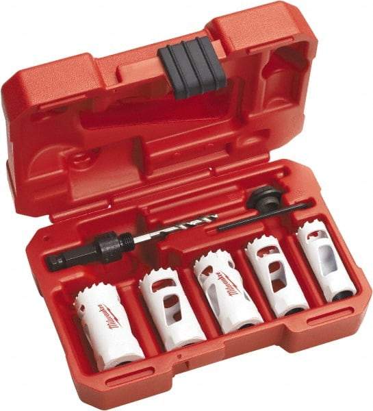 Milwaukee Tool - 7 Piece, 3/4" to 1-1/4" Saw Diam, Automotive Hole Saw Kit - Bi-Metal, Toothed Edge, Includes 5 Hole Saws - Benchmark Tooling