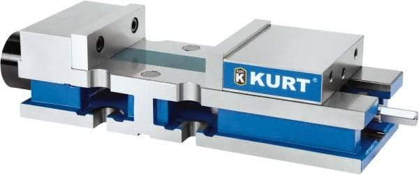 Kurt - 8" Jaw Width, 10-1/4" Jaw Opening Capacity, Horizontal Stationary Machine Vise - Reverse Hydraulic Operation, 1 Station, 27" Long x 6" High x 1" Deep, 6" Jaw Height, 3,200 Lb Max Clamp Force, Ductile Iron - Benchmark Tooling