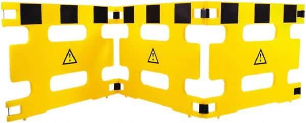 Made in USA - 36" High Folding Barricade - Plastic, Black & Yellow - Benchmark Tooling