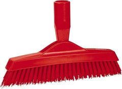 Vikan - 1.6" Bristle Length, Polyester Utility Scrub Brush - 9" Long x 1-1/2" Wide Head, 9-1/4" OAL, European Threaded Handle, Red, Polypropylene Block - Benchmark Tooling