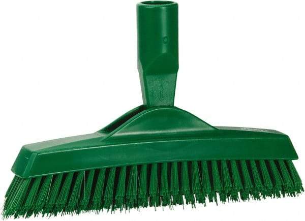 Vikan - 1.6" Bristle Length, Polyester Utility Scrub Brush - 9" Long x 1-1/2" Wide Head, 9-1/4" OAL, European Threaded Handle, Green, Polypropylene Block - Benchmark Tooling