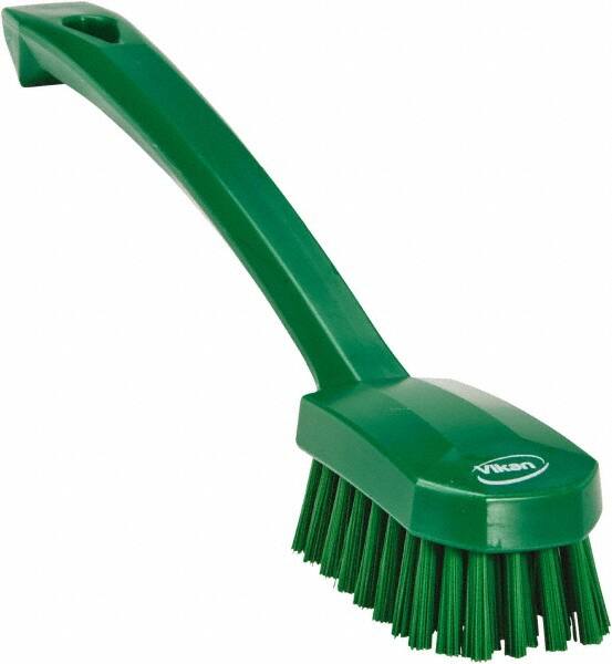 Vikan - 0.8" Bristle Length, Polyester Food Service Brush - 3" Long x 1.6" Wide Head, 10.2" OAL, Ergonomic Handle, Green, Polypropylene Block - Benchmark Tooling