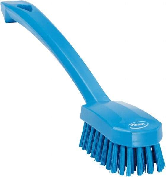 Vikan - 0.8" Bristle Length, Polyester Food Service Brush - 3" Long x 1.6" Wide Head, 10.2" OAL, Ergonomic Handle, Blue, Polypropylene Block - Benchmark Tooling