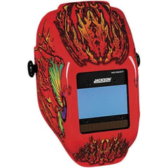 Jackson Safety - 2.36" Window Width x 3.94" Window Height, 9 to 13 Shade Auto-Darkening Lens, Fixed Front Welding Helmet with Digital Controls - Red Flaming Butterfly Design, Nylon - Benchmark Tooling