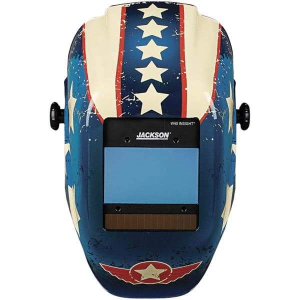 Jackson Safety - 2.36" Window Width x 3.94" Window Height, 9 to 13 Shade Auto-Darkening Lens, Fixed Front Welding Helmet with Digital Controls - Red/White/Blue Stars & Scars Design, Nylon - Benchmark Tooling