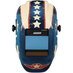 Jackson Safety - 2.36" Window Width x 3.94" Window Height, 9 to 13 Shade Auto-Darkening Lens, Fixed Front Welding Helmet with Digital Controls - Red/White/Blue Stars & Scars Design, Nylon - Benchmark Tooling