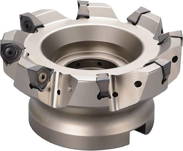 Kyocera - 4 Inserts, 3" Cut Diam, 0.551" Arbor Diam, 0.315" Max Depth of Cut, Indexable Square-Shoulder Face Mill - 90° Lead Angle, 1.968" High, WNMU 0806 Insert Compatibility, Through Coolant, Series M-Six - Benchmark Tooling