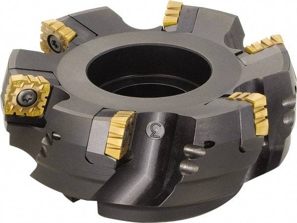 Kyocera - 200mm Cut Diam, 60mm Arbor Hole, 12mm Max Depth of Cut, 75° Indexable Chamfer & Angle Face Mill - 12 Inserts, SPMT1806 Insert, Right Hand Cut, 12 Flutes, Series MSRS15 - Benchmark Tooling