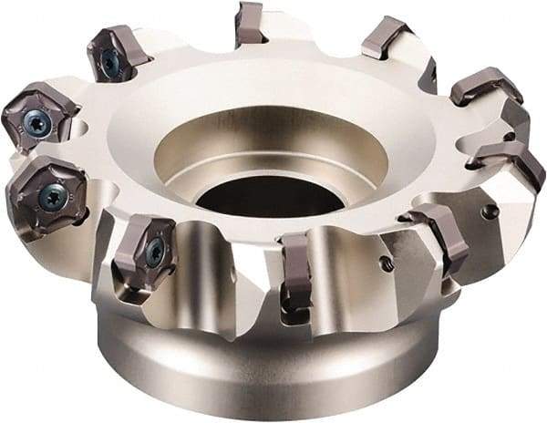 Kyocera - 125mm Cut Diam, 38.1mm Arbor Hole, 6mm Max Depth of Cut, 45° Indexable Chamfer & Angle Face Mill - 10 Inserts, PNEU 12..\xB6PNMU 12.. Insert, Right Hand Cut, 10 Flutes, Series MFPN - Benchmark Tooling