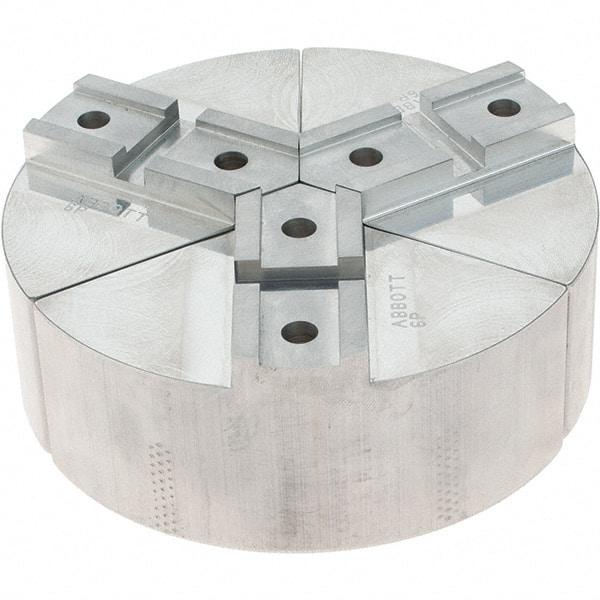 Abbott Workholding Products - 6" Max Chuck Capacity, Serrated Interface, Round Soft Lathe Chuck Jaw - 3 Jaw, Aluminum, 42.88mm Btw Mount Hole Ctrs, 6" Wide, 2" High, 18.75mm Groove, 5/16" Fastener - Benchmark Tooling