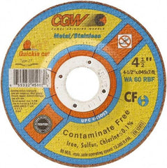 Camel Grinding Wheels - 60 Grit, 4-1/2" Wheel Diam, Type 27 Depressed Center Wheel - Medium Grade, Aluminum Oxide, Resinoid Bond, R Hardness, 13,300 Max RPM - Benchmark Tooling