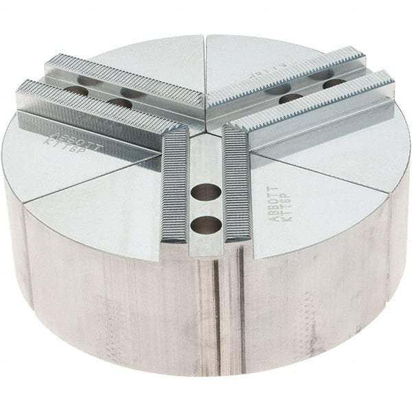 Abbott Workholding Products - 6" Max Chuck Capacity, 1.5mm x 60° Serrated Interface, Round Soft Lathe Chuck Jaw - 3 Jaw, Aluminum, 0.7874" Btw Mount Hole Ctrs, 6" Wide, 2" High, 10mm Fastener - Benchmark Tooling