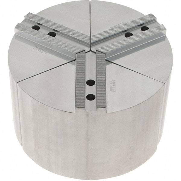 Abbott Workholding Products - 10" Max Chuck Capacity, 1.5mm x 60° Serrated Interface, Round Soft Lathe Chuck Jaw - 3 Jaw, Aluminum, 1.1811" Btw Mount Hole Ctrs, 10" Wide, 6" High, 12mm Fastener - Benchmark Tooling